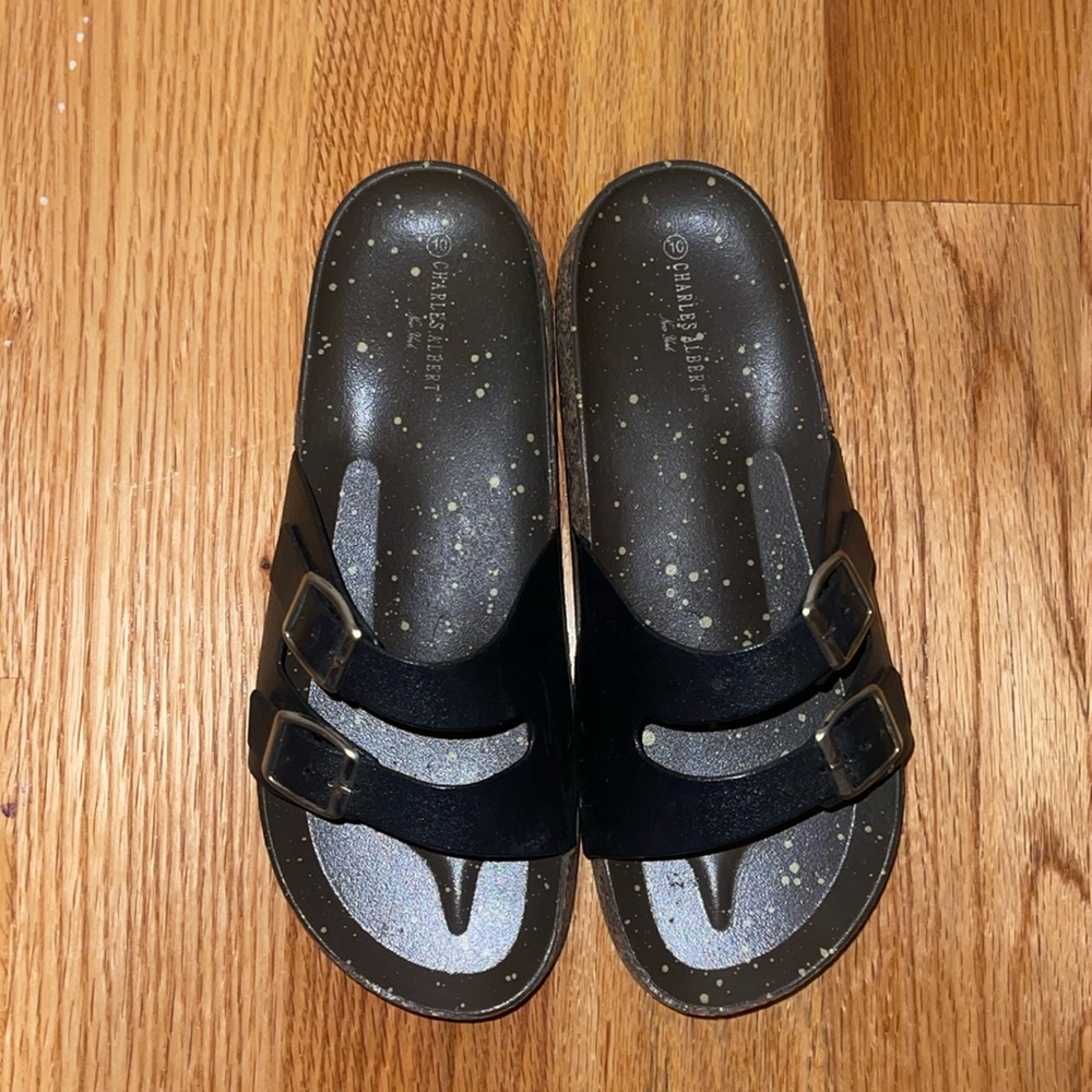 Black leather Charles, Albert slides size 10